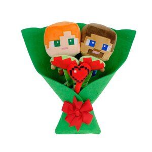 Minecraft Steve & Alex 14" Plush Bouquet 5 Removable Flowers & Figures